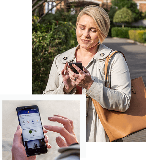 Photo of a woman on her phone using the ADT app