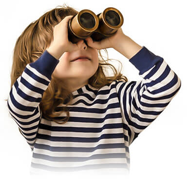 A child in a striped shirt using binoculars