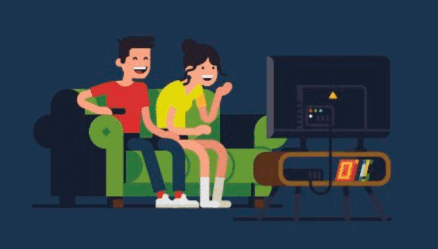 An illustration of a couple laughing watching tv at home