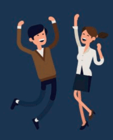 An illustration of a man and woman jumping with joy