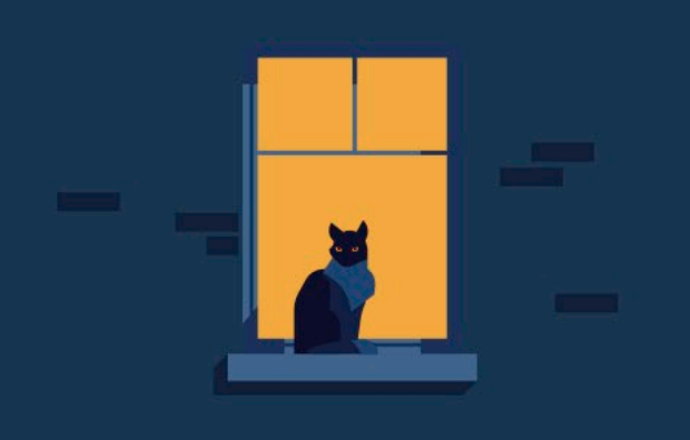 An illustration of a cat sitting on a dark window ledge with a light behind