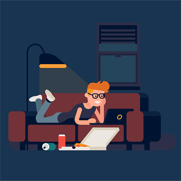 An illustration of a person using a computer on a sofa whilst a burglar looks through the window