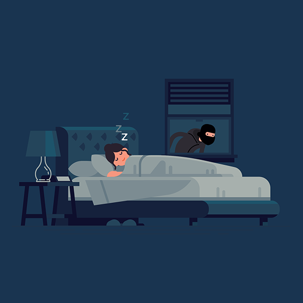An illustration of a women sleeping in her bed as a burglar peers through the window