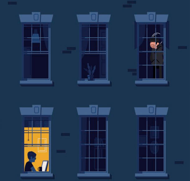 An illustration of a house with a homeowner downstairs and a burglar upstairs