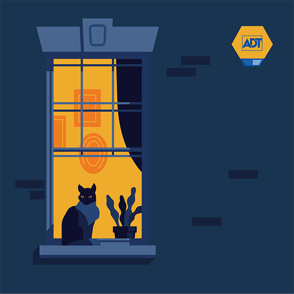 An illustration of a cat sitting on a dark window ledge with a light behind and an ADT bell box