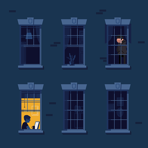 An illustration of a house with a homeowner downstairs and a burglar upstairs
