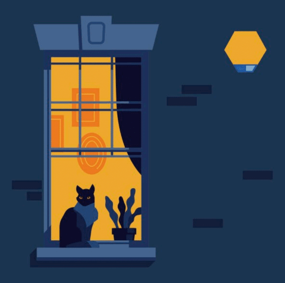 An illustration of a cat sitting on a dark window ledge with a light behind and an ADT bell box