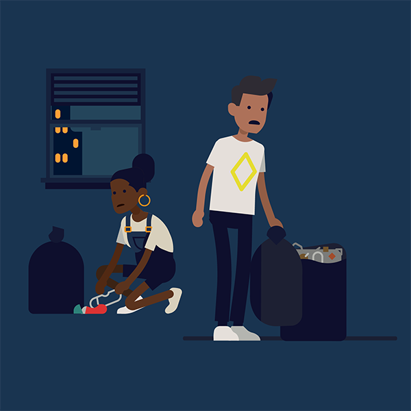 An illustration of a couple cleaning thier home after a house fire