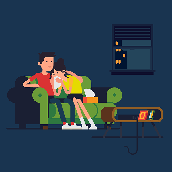 An illustration of a couple crying because their tv has been stolen