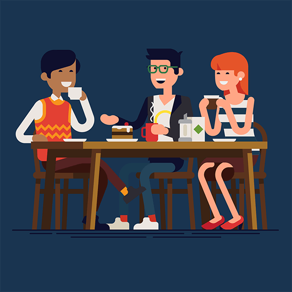 An illustration of three friends sat at a table talking while drinking coffee