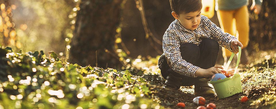 Child placing easter eggs in basket