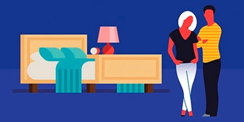 Icon of a couple stood in a bedroom next to a bed