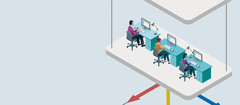 Illustration of workers wearing headsets at their desks medium