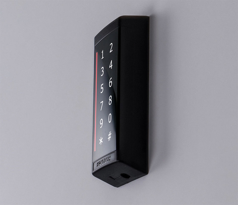 Black, wall-mounted pin code box