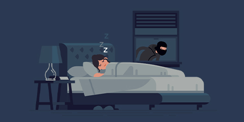 Graphic of lady sleeping with intruder outside window