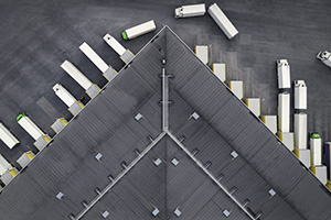 Aerial shot of lorries in loading bays