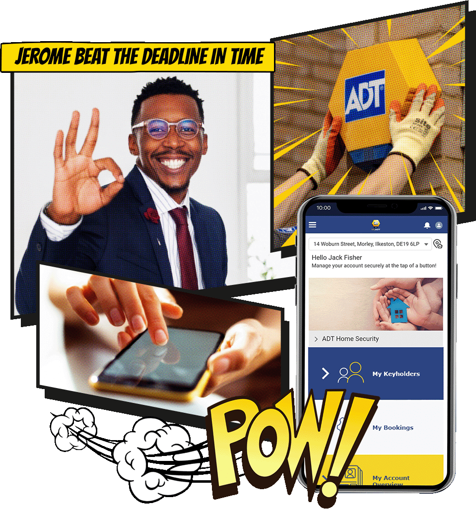 Comic book graphic of ADT alarm and smarthome with text 'Jerome beat the deadline in time' and 'Pow'