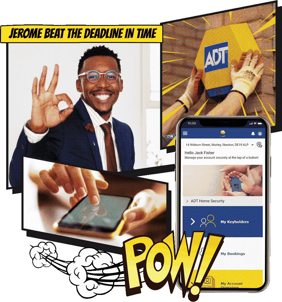 Comic book graphic of ADT alarm and smarthome with text 'Jerome beat the deadline in time' and 'Pow'