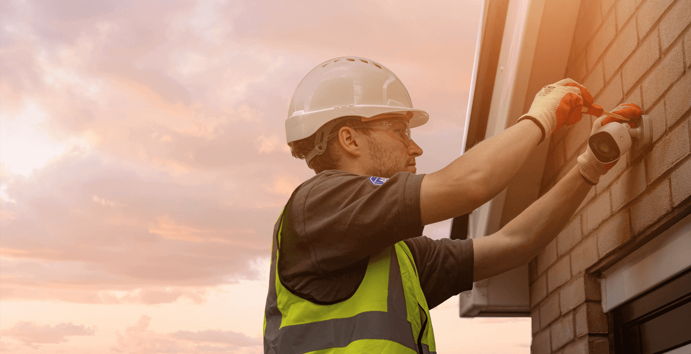 Man in hardhat and hi-vis installing security camera on exterior wall