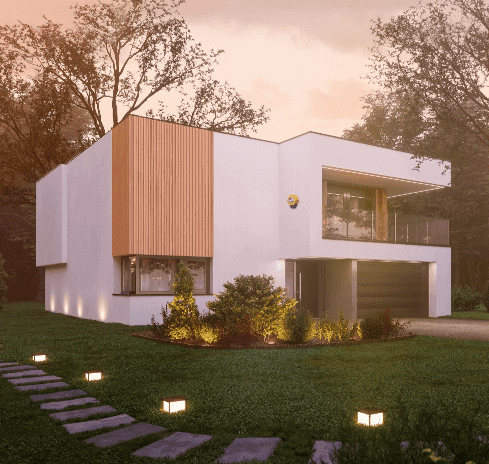 Modern home with white walls and wood