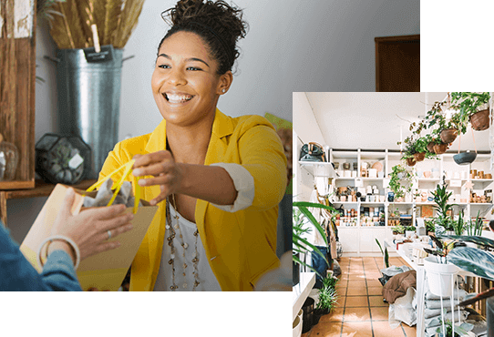 Smiling woman handing a gift bag to other woman overlaid with image of room