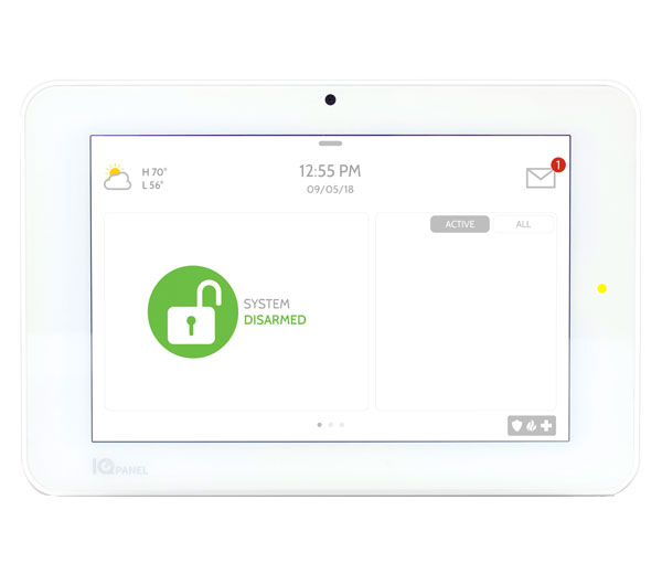 Home security interface panel with disarmed message