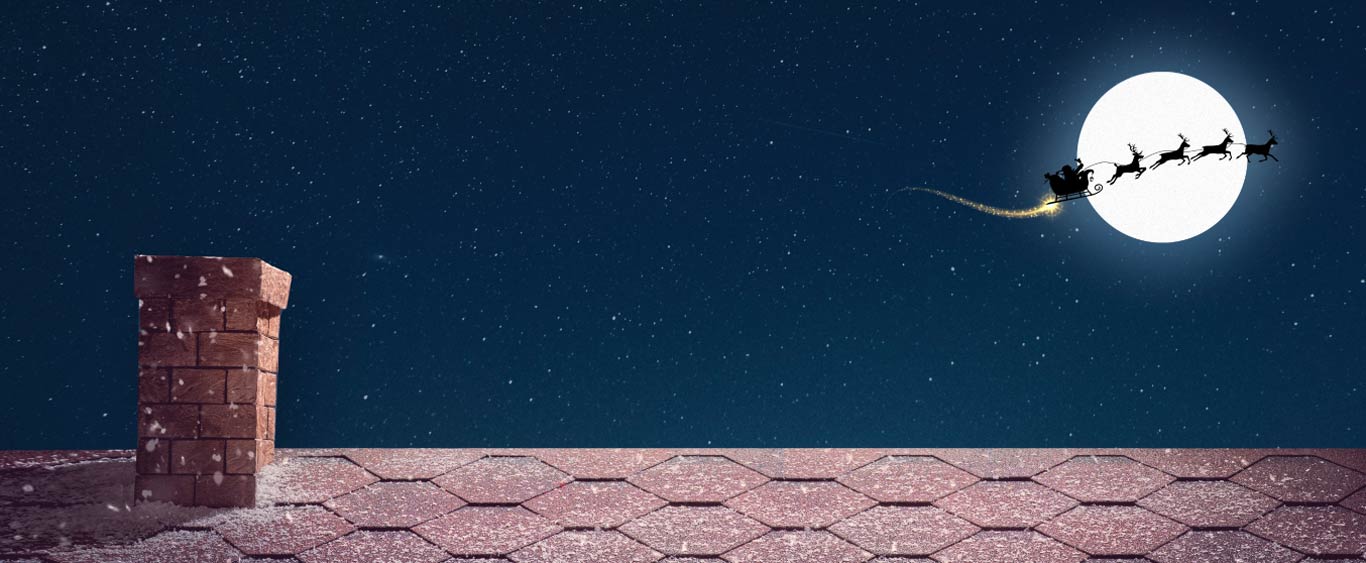 Santa's sleigh flying across moon above roof in snow