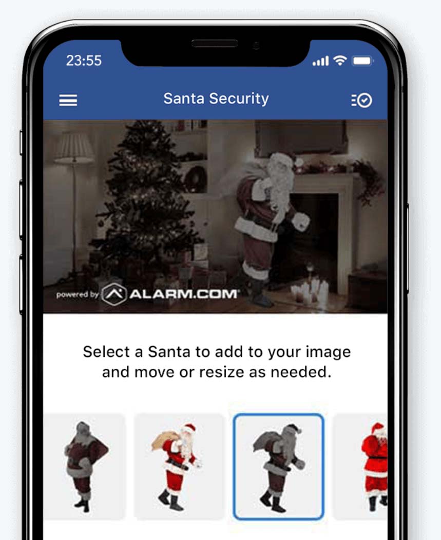 Alarm interface on smartphone with Santa security showing