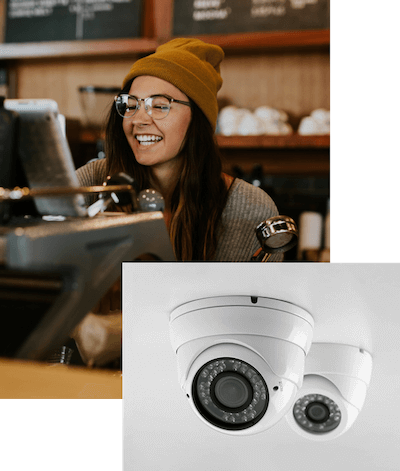 Woman working and a photo of two ADT CCTV cameras