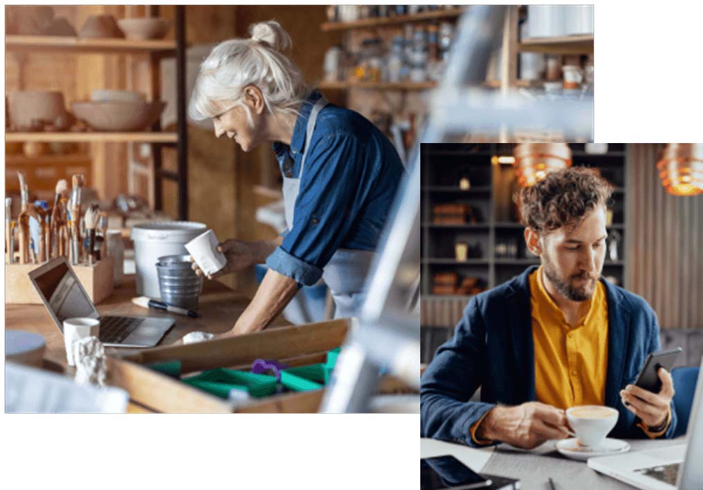 Collage of woman in art workshop and man sat down in coffee shop