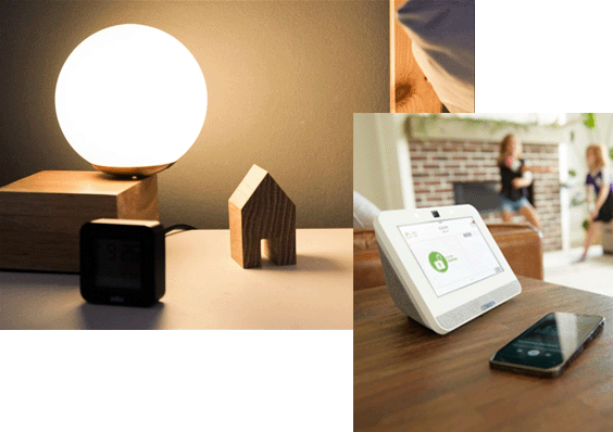 Lamp and wooden house with home security interface panel